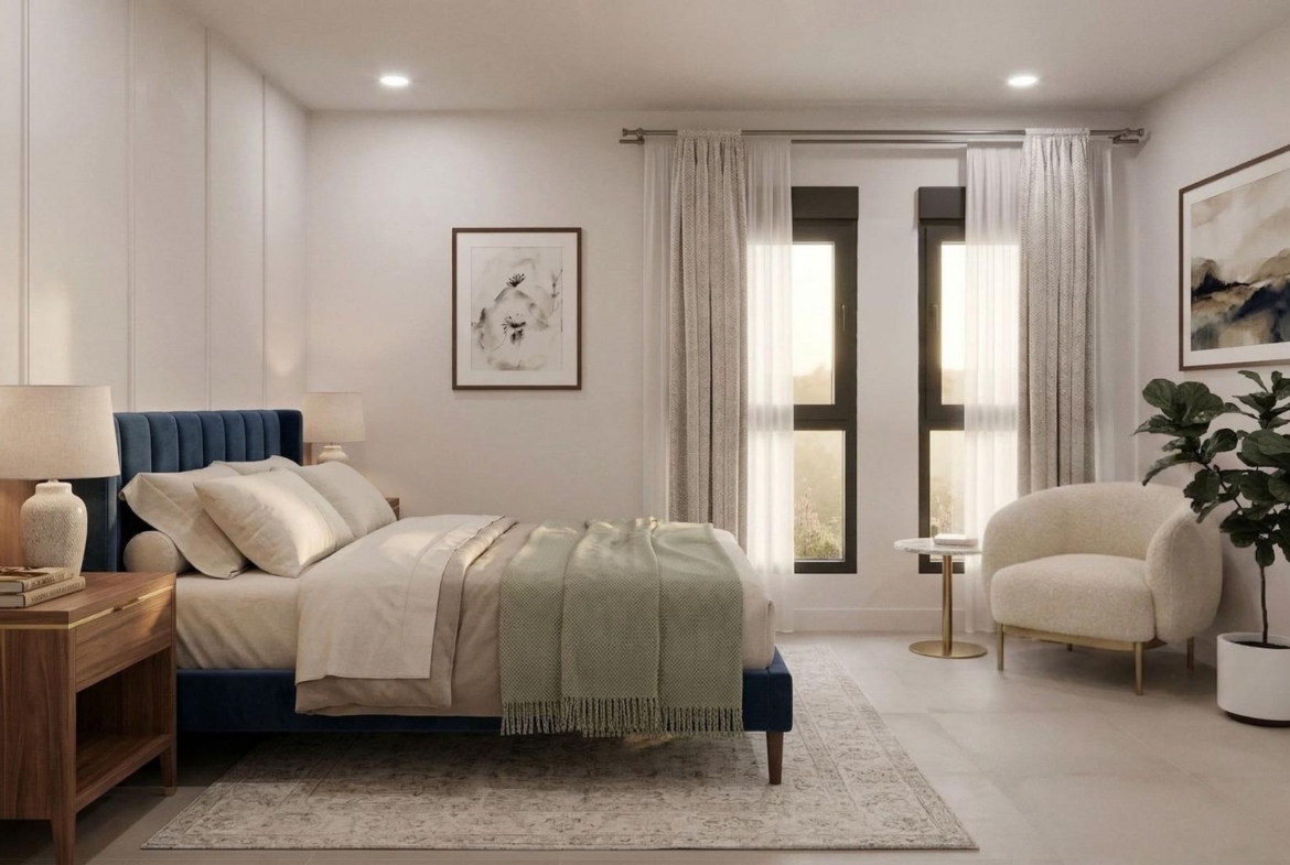 Bright elegant bedroom with plush blue bed and soft natural light in luxury single-storey villa, Lorca Costa Cálida.