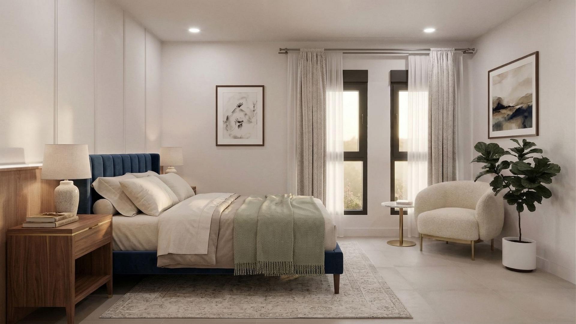 Bright elegant bedroom with plush blue bed and soft natural light in luxury single-storey villa, Lorca Costa Cálida.