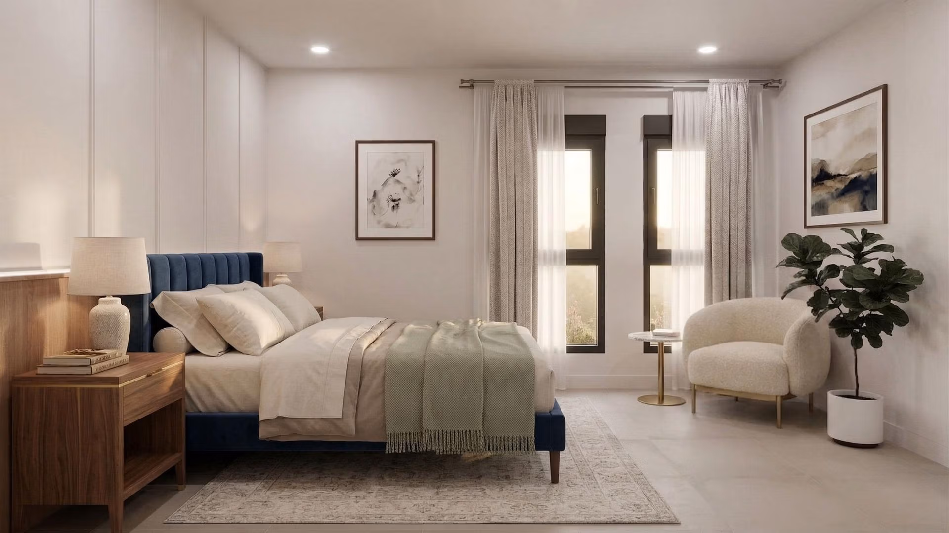 New-Build-Mediterranean-Villas-on-Large-Plots-in-Lorca-Costa-Calida-8 Bright elegant bedroom with plush blue bed and soft natural light in luxury single-storey villa, Lorca Costa Cálida.