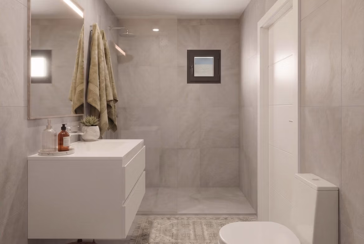 New-Build-Mediterranean-Villas-on-Large-Plots-in-Lorca-Costa-Calida-9 Bright, modern bathroom with sleek fixtures and walk-in shower in elegant new build single-storey villa in Lorca, Costa Cálida