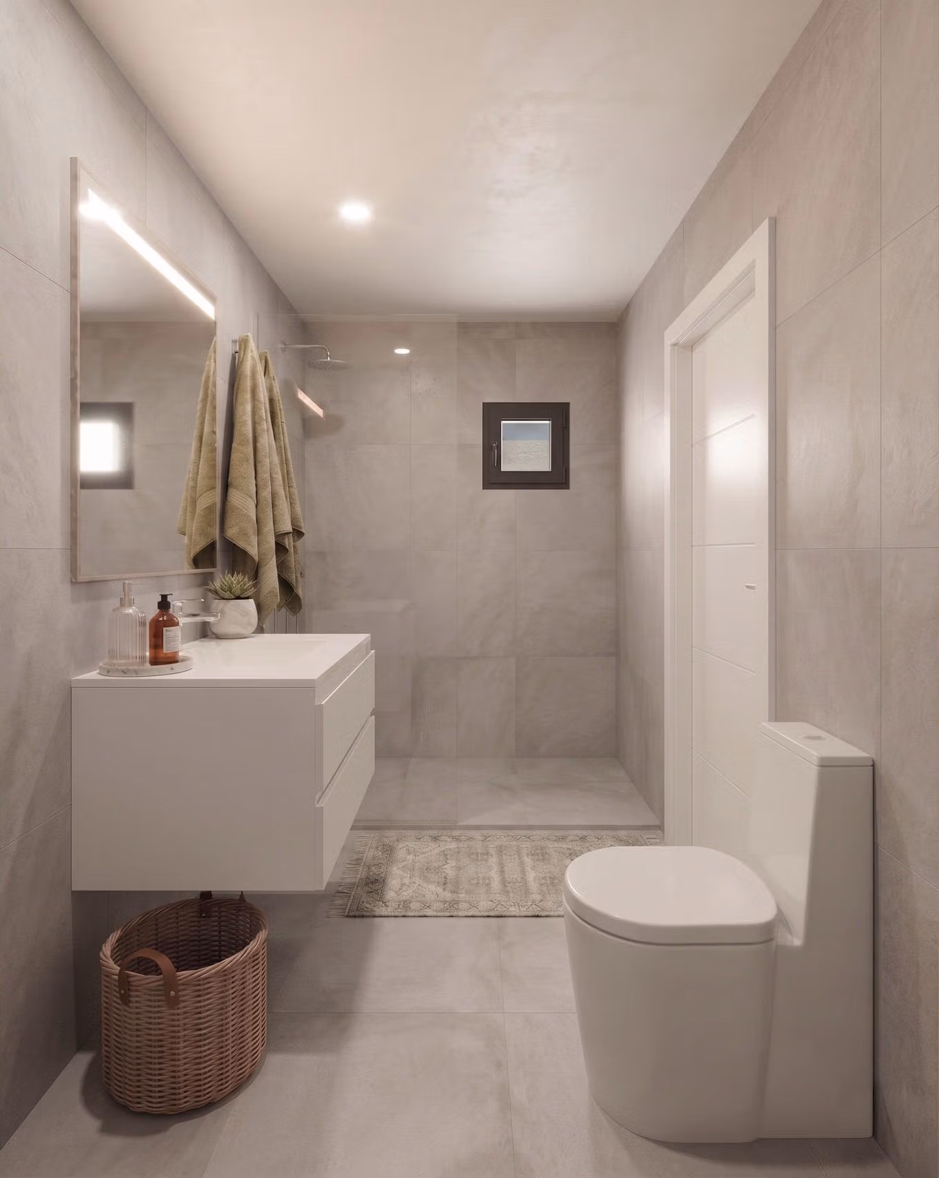 New-Build-Mediterranean-Villas-on-Large-Plots-in-Lorca-Costa-Calida-9 Bright, modern bathroom with sleek fixtures and walk-in shower in elegant new build single-storey villa in Lorca, Costa Cálida