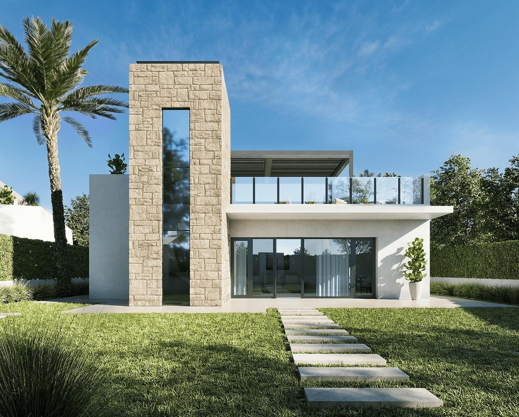Modern elegant single-storey villa with stone accents and landscaped garden in Lorca, Costa Cálida under a clear blue sky.