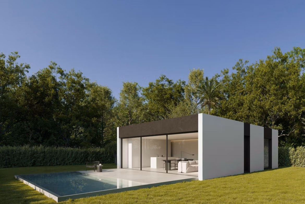 Elegant minimalist single-storey villa with sleek private pool et lush greenery in tranquil Benidorm setting