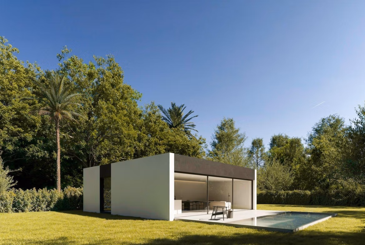 Elegant minimalist single-storey villa with sleek covered terrace and private pool set in lush greenery in Benidorm.