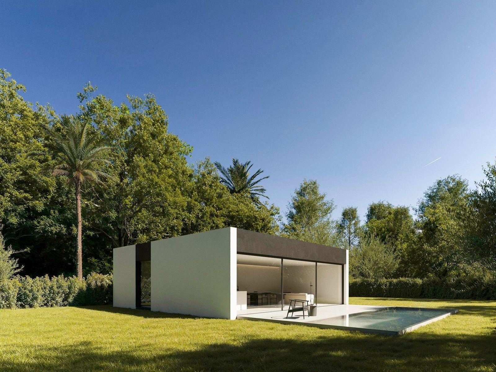 New-Build-Minimalist-Villa-in-Benidorm-with-Private-Pool-2 Elegant minimalist single-storey villa with sleek covered terrace and private pool set in lush greenery in Benidorm.