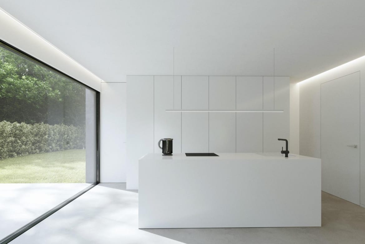Bright minimalist kitchen with sleek white cabinetry and large floor-to-ceiling window in new Benidorm single-storey villa.
