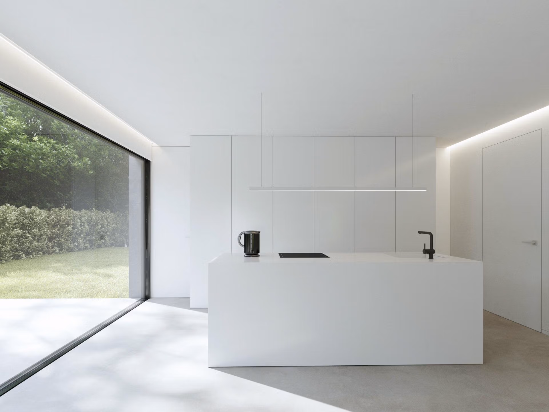 Bright minimalist kitchen with sleek white cabinetry and large floor-to-ceiling window in new Benidorm single-storey villa.