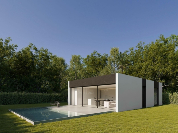 Elegant minimalist single-storey villa with sleek private pool and lush greenery in tranquil Benidorm setting