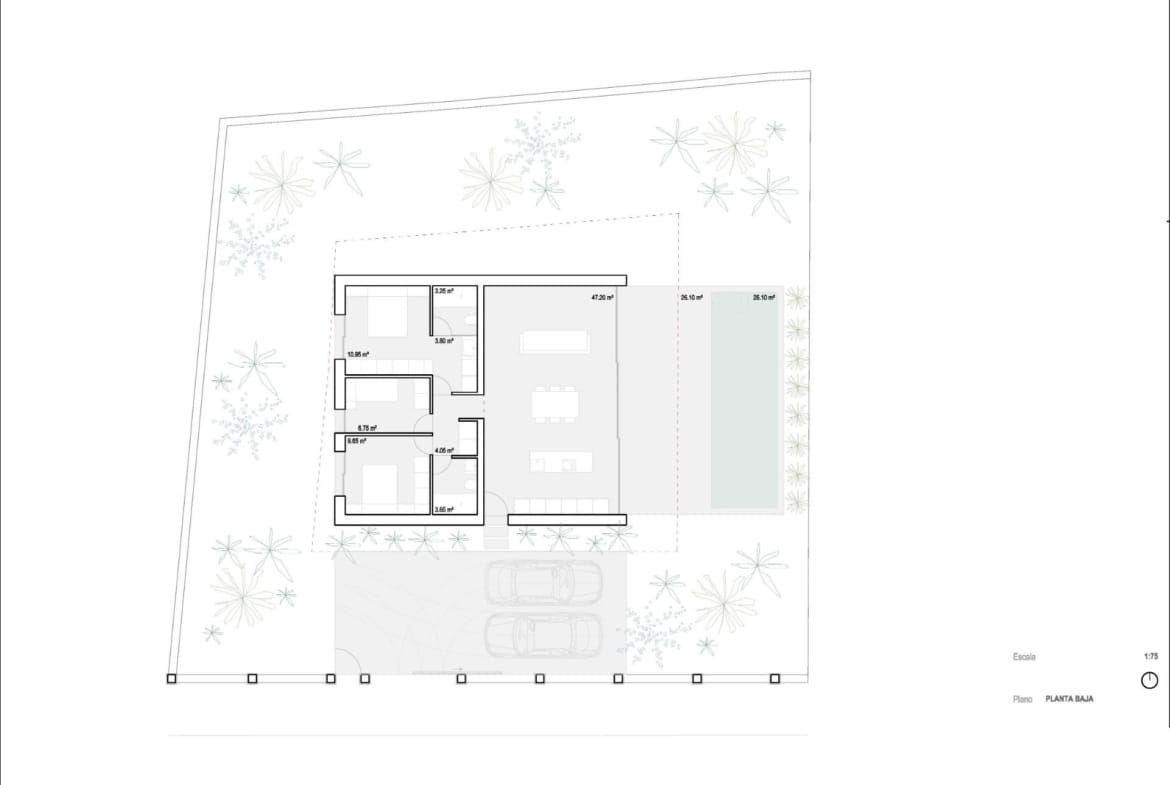 Bright, open-plan floor plan of minimalist single-storey villa with private pool and landscaped garden in Benidorm.
