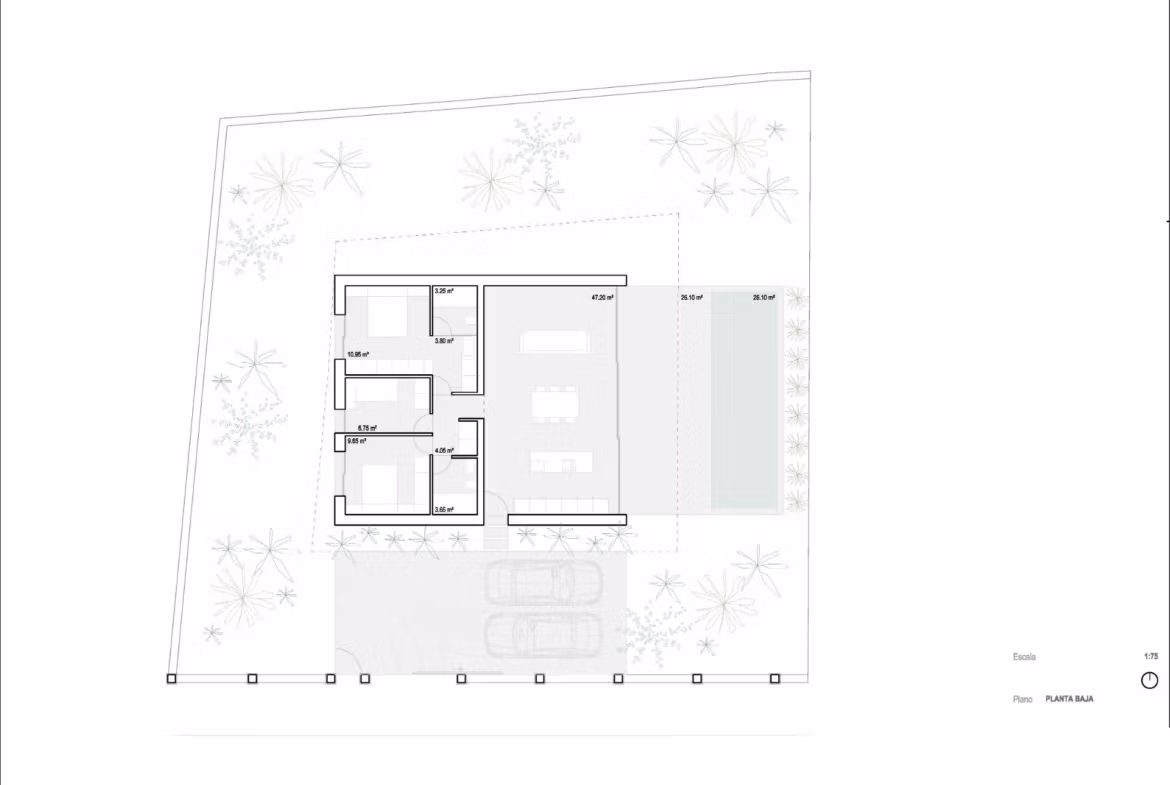 Bright, open-plan floor plan of minimalist single-storey villa with private pool and landscaped garden in Benidorm.