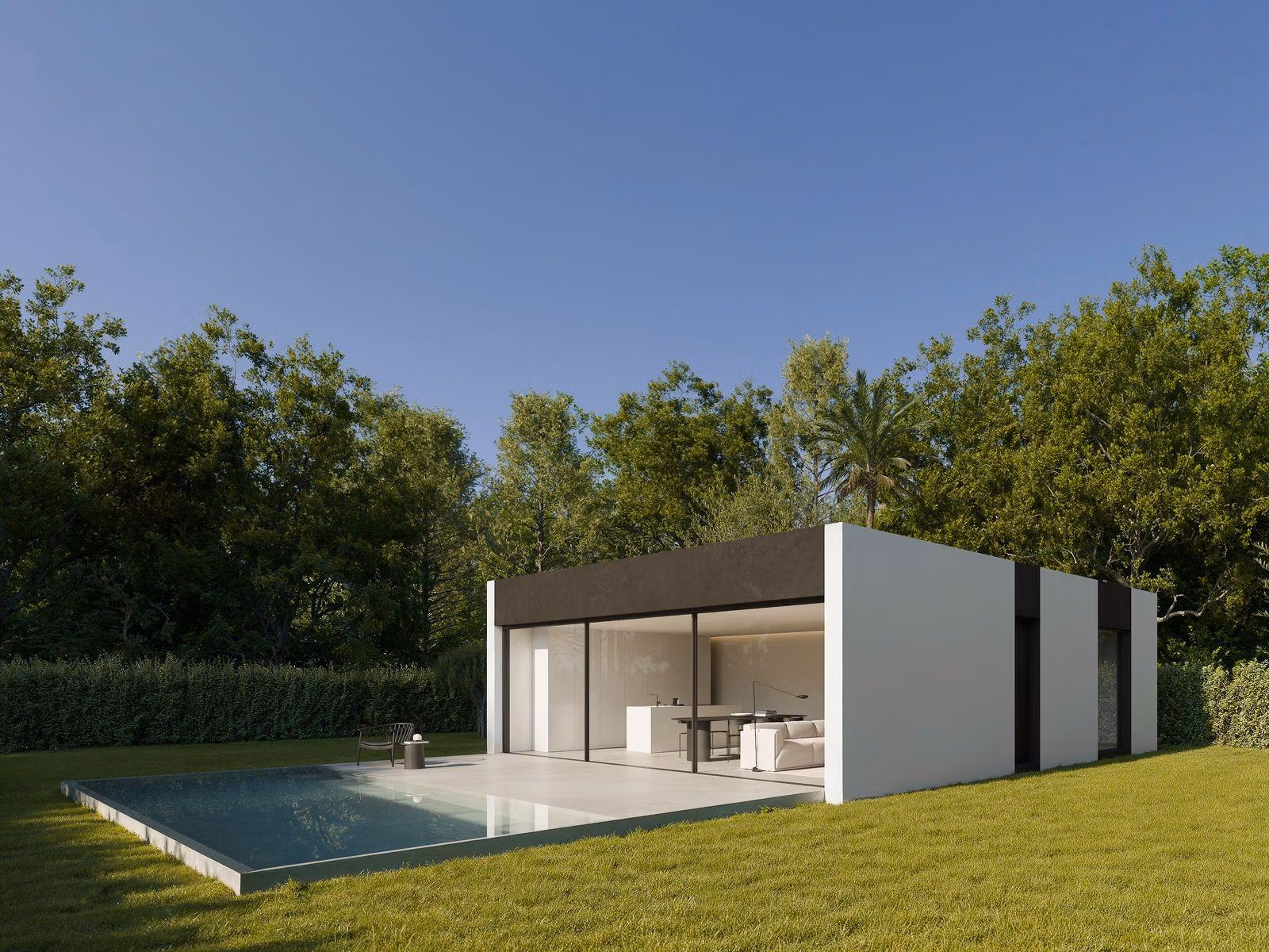 Elegant minimalist single-storey villa with sleek private pool et lush greenery in tranquil Benidorm setting