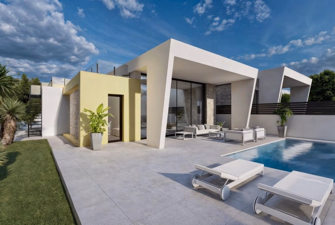 Modern single-storey villa in Los Balcones, Torrevieja with a sleek private pool and sun-drenched terrace seating area.