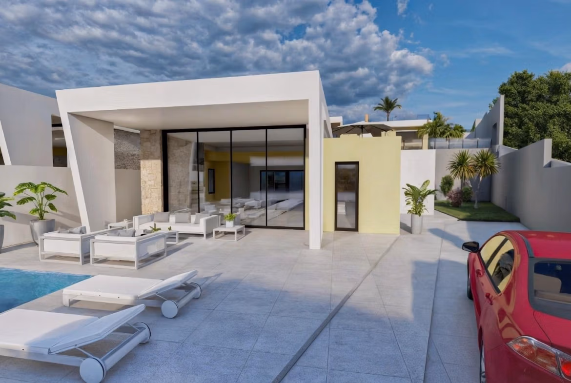 Modern single-storey villa in Los Balcones with sleek private pool, sun-drenched terrace, and stylish outdoor seating areas.