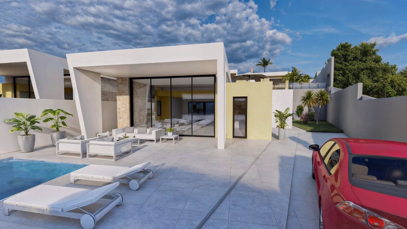 New-Build-One-Story-Villas-with-Private-Pool-in-Torrevieja-2 Modern single-storey villa in Los Balcones with sleek private pool, sun-drenched terrace, and stylish outdoor seating areas.
