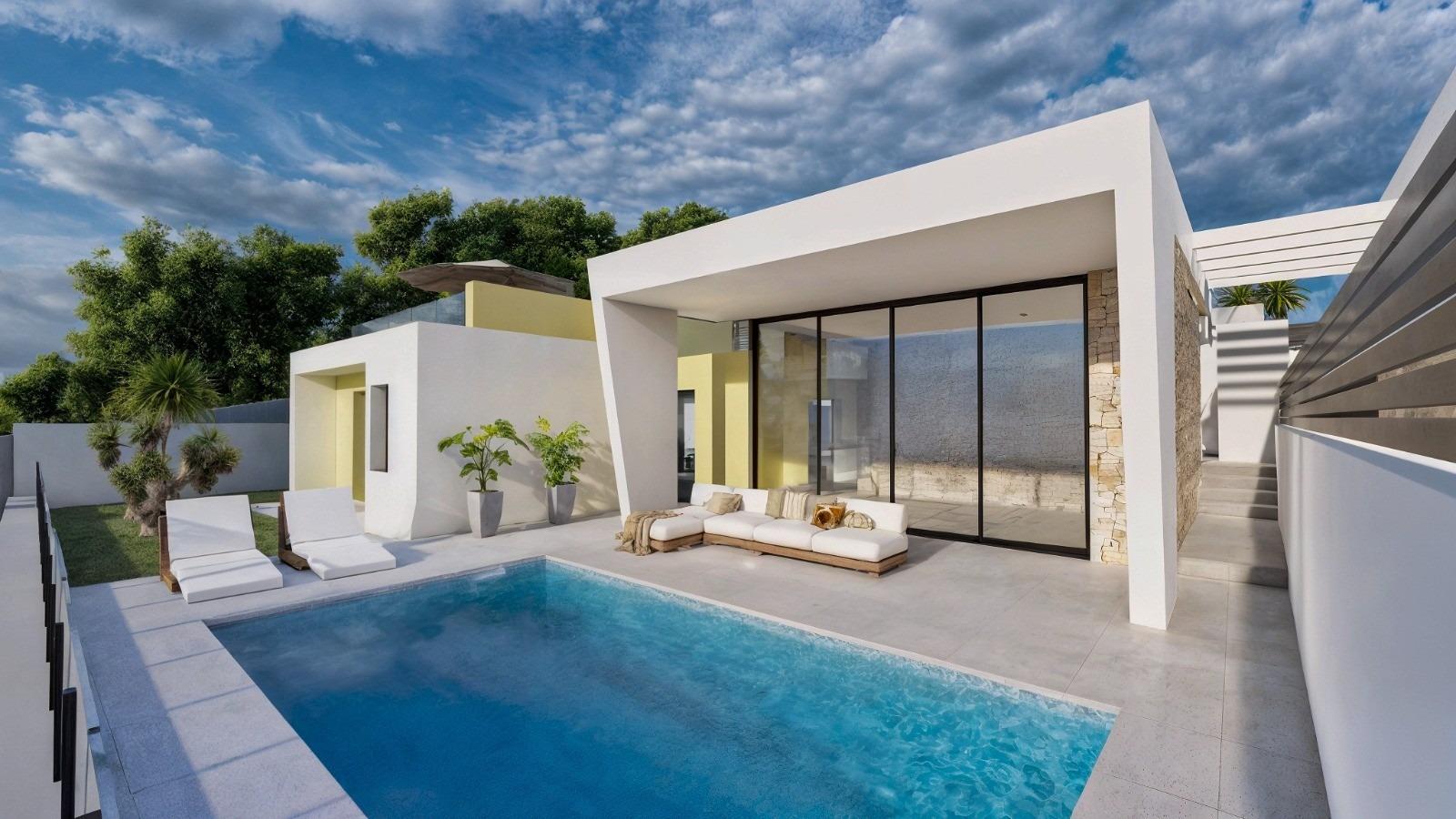 New-Build-One-Story-Villas-with-Private-Pool-in-Torrevieja-3 Modern single-storey villa with private pool and spacious sun-drenched terrace in Los Balcones, Torrevieja.