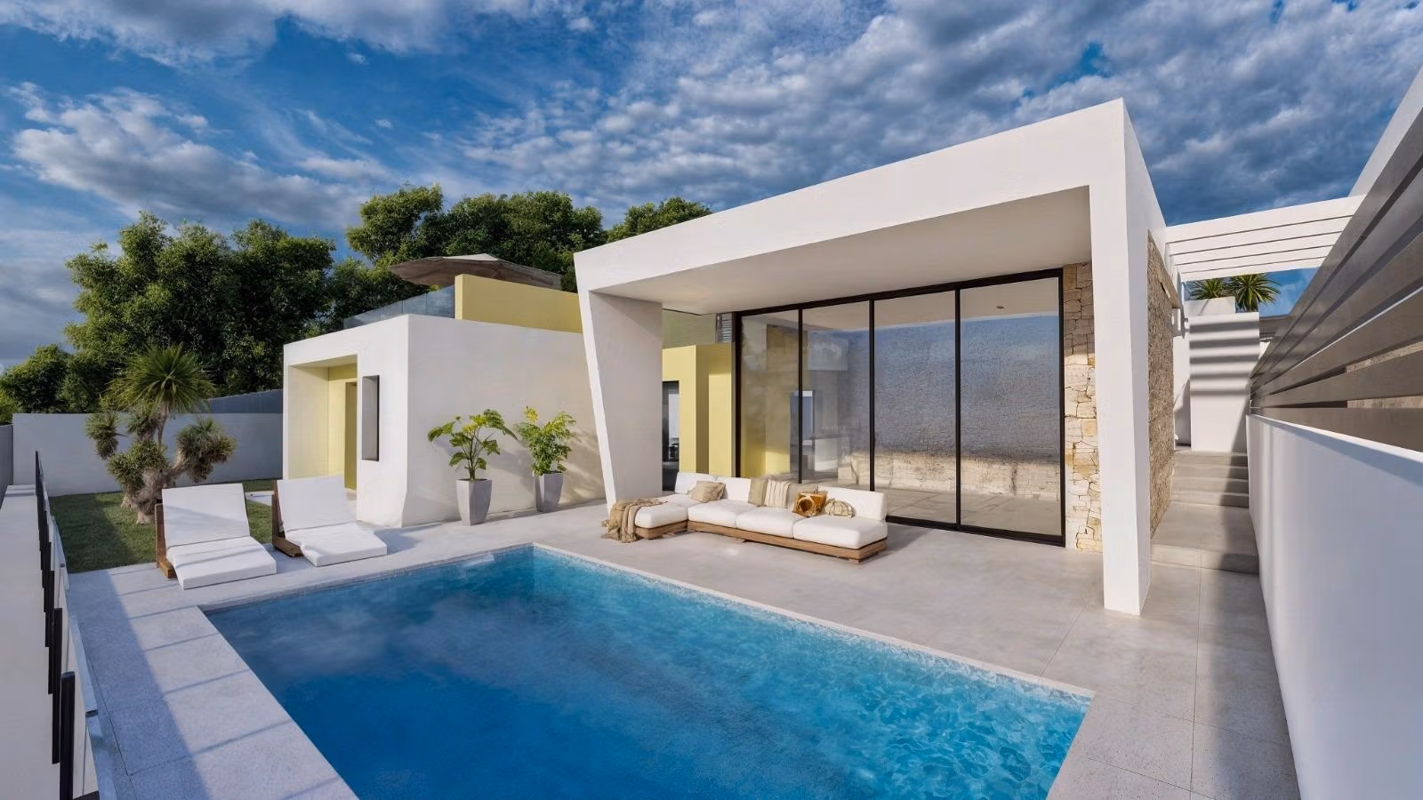 New-Build-One-Story-Villas-with-Private-Pool-in-Torrevieja-3 Modern single-storey villa with private pool and spacious sun-drenched terrace in Los Balcones, Torrevieja.