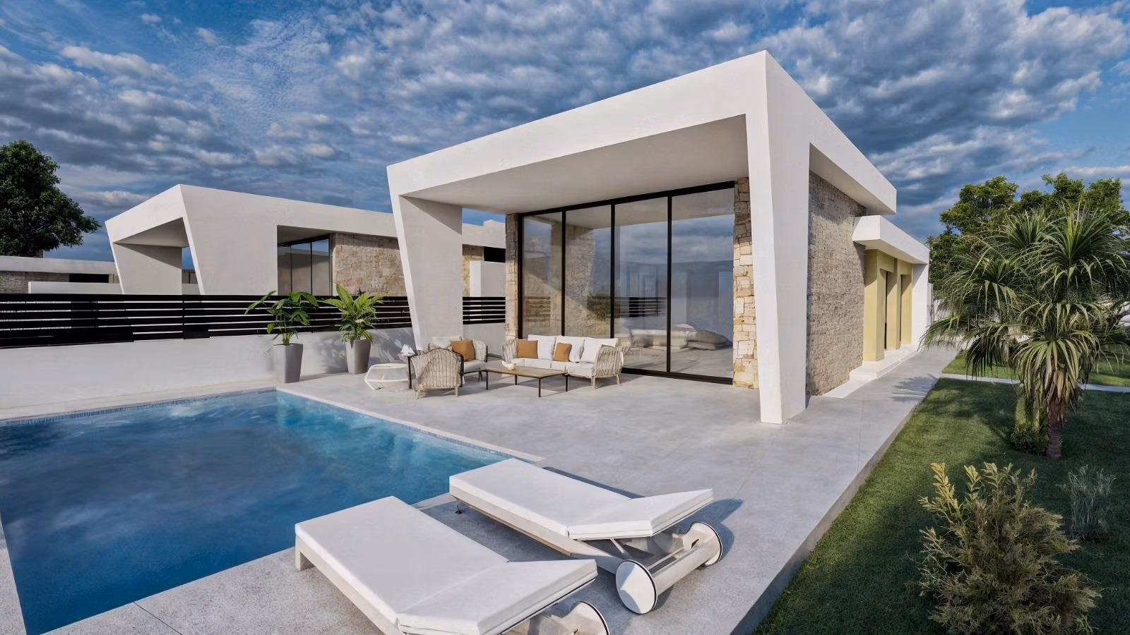 New-Build-One-Story-Villas-with-Private-Pool-in-Torrevieja-4 Elegant single-storey villa with private pool and sleek outdoor lounge in sunny Los Balcones, Torrevieja