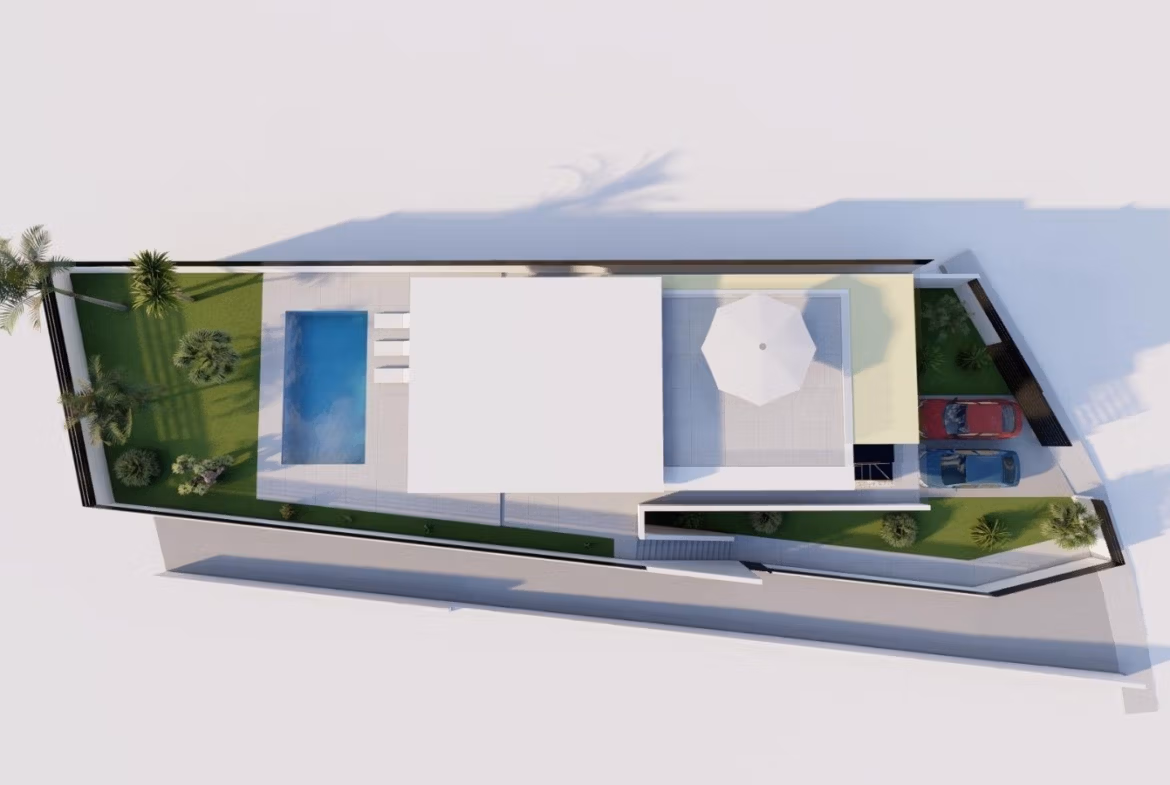Aerial view of a sleek single-storey villa with a private pool and landscaped garden in sunny Los Balcones, Torrevieja.