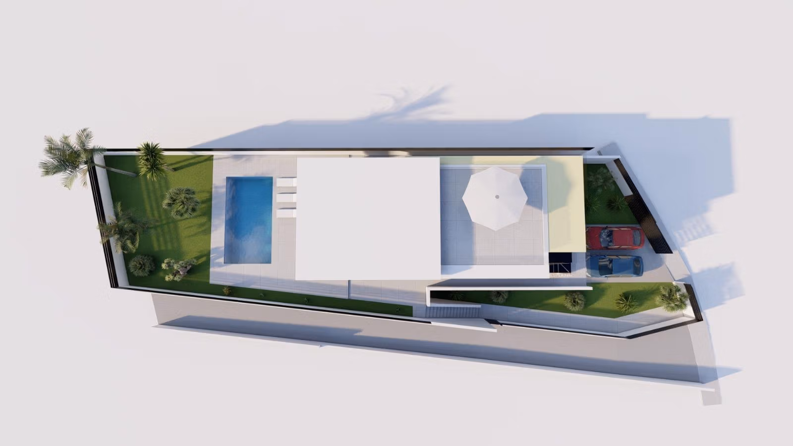 New-Build-One-Story-Villas-with-Private-Pool-in-Torrevieja-43 Aerial view of a sleek single-storey villa with a private pool and landscaped garden in sunny Los Balcones, Torrevieja.