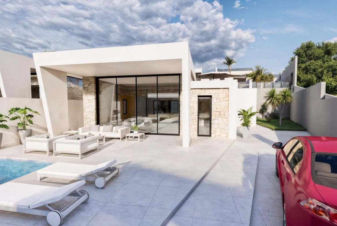 Modern single-storey villa with private pool, sunlit terrace, and sleek outdoor lounge in Los Balcones, Torrevieja.