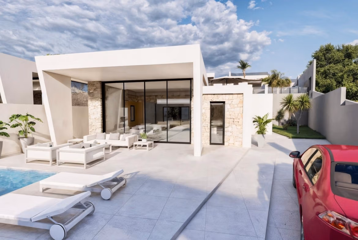 Modern single-storey villa with private pool, sunlit terrace, and sleek outdoor lounge in Los Balcones, Torrevieja.