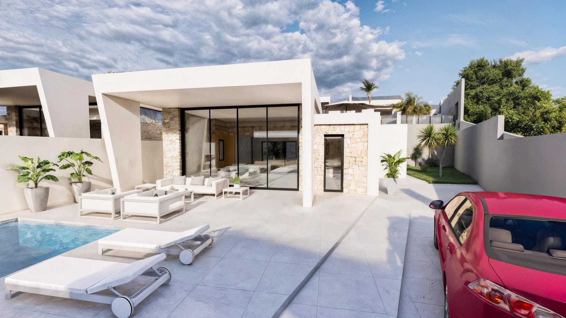 New-Build-One-Story-Villas-with-Private-Pool-in-Torrevieja-44 Modern single-storey villa with private pool, sunlit terrace, and sleek outdoor lounge in Los Balcones, Torrevieja.