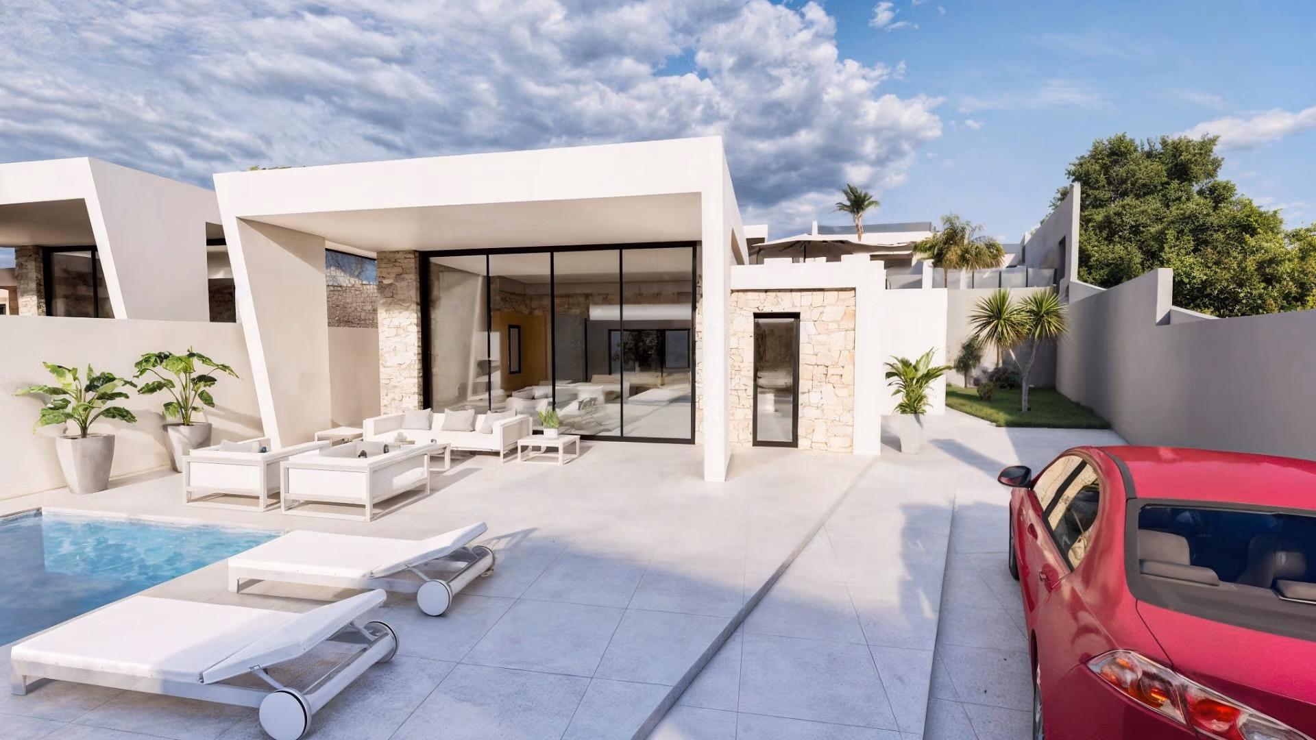 New-Build-One-Story-Villas-with-Private-Pool-in-Torrevieja-44 Modern single-storey villa with private pool, sunlit terrace, and sleek outdoor lounge in Los Balcones, Torrevieja.