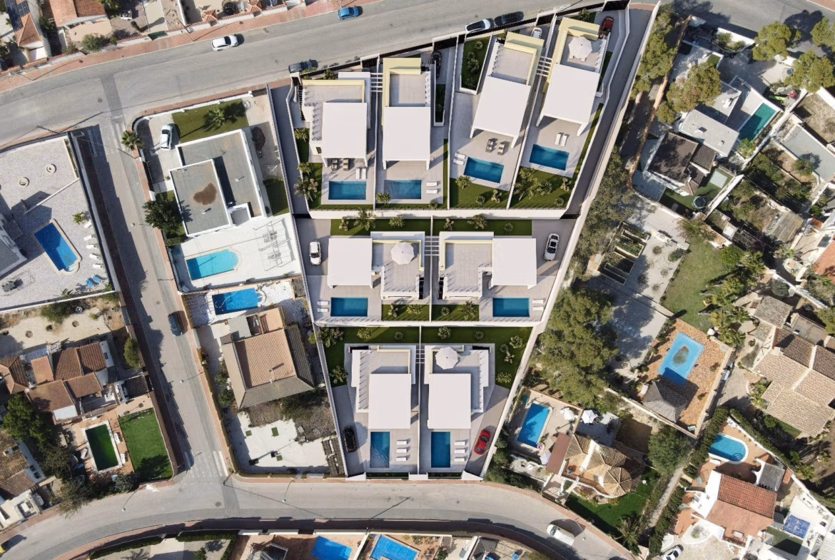 Aerial view of modern key-ready single-storey villas with private pools and landscaped gardens in Los Balcones, Torrevieja.