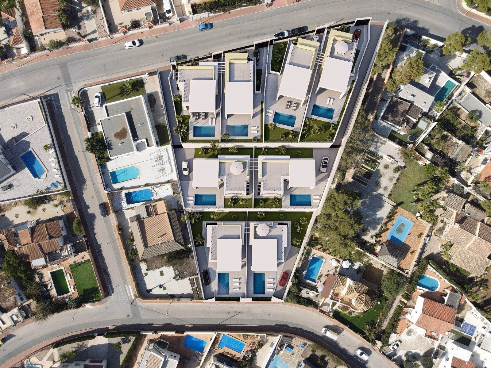 New-Build-One-Story-Villas-with-Private-Pool-in-Torrevieja-47 Aerial view of modern key-ready single-storey villas with private pools and landscaped gardens in Los Balcones, Torrevieja.