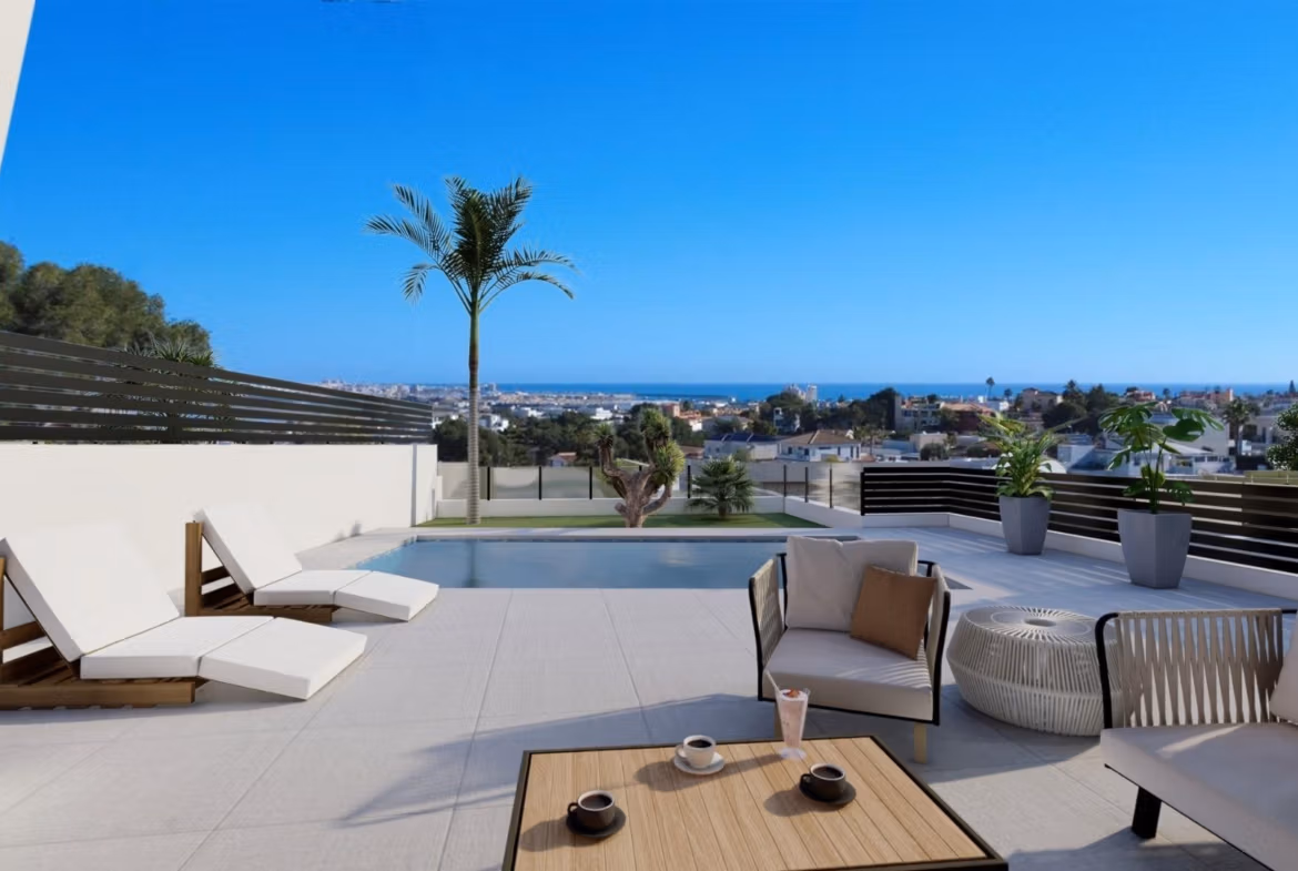Modern sun-drenched single-storey villa terrace with private pool and panoramic sea views in Los Balcones, Torrevieja