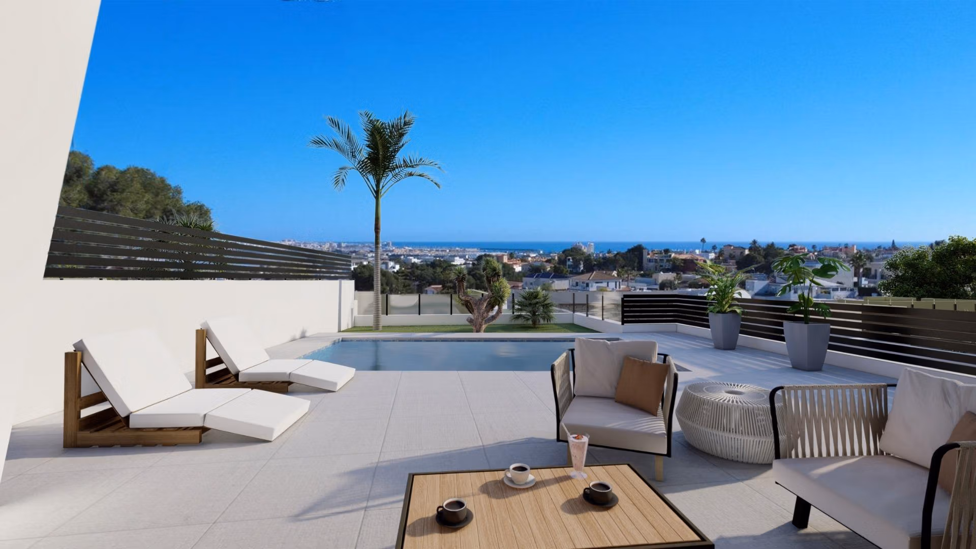 New-Build-One-Story-Villas-with-Private-Pool-in-Torrevieja-5 Modern sun-drenched single-storey villa terrace with private pool and panoramic sea views in Los Balcones, Torrevieja