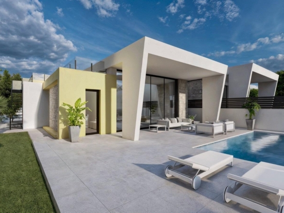Modern single-storey villa in Los Balcones, Torrevieja with a sleek private pool and sun-drenched terrace seating area.