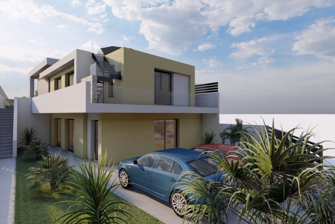 Modern single-storey villa with sleek exterior, landscaped garden, and private parking in sunny Los Balcones, Torrevieja.