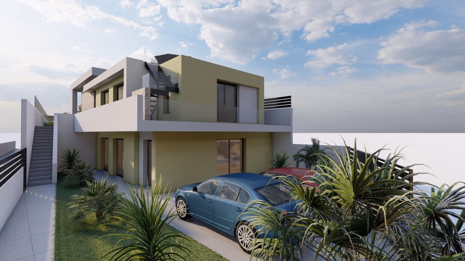 New-Build-One-Story-Villas-with-Private-Pool-in-Torrevieja-9 Modern single-storey villa with sleek exterior, landscaped garden, and private parking in sunny Los Balcones, Torrevieja.