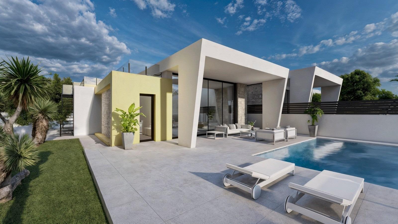 Villas de obra nueva de una sola planta con piscina privada en Torrevieja en Los Balcones