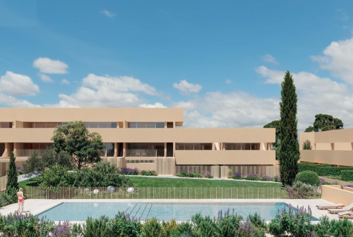 Modern new build residential apartments with landscaped gardens and a sparkling pool in sunlit Los Balcones, Torrevieja.