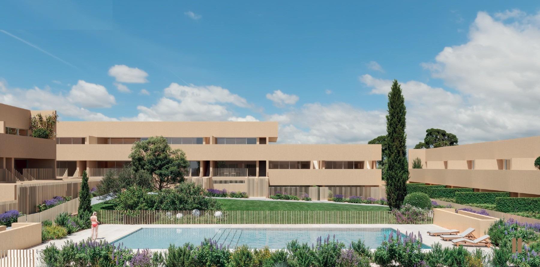 Modern new build residential apartments with landscaped gardens and a sparkling pool in sunlit Los Balcones, Torrevieja.