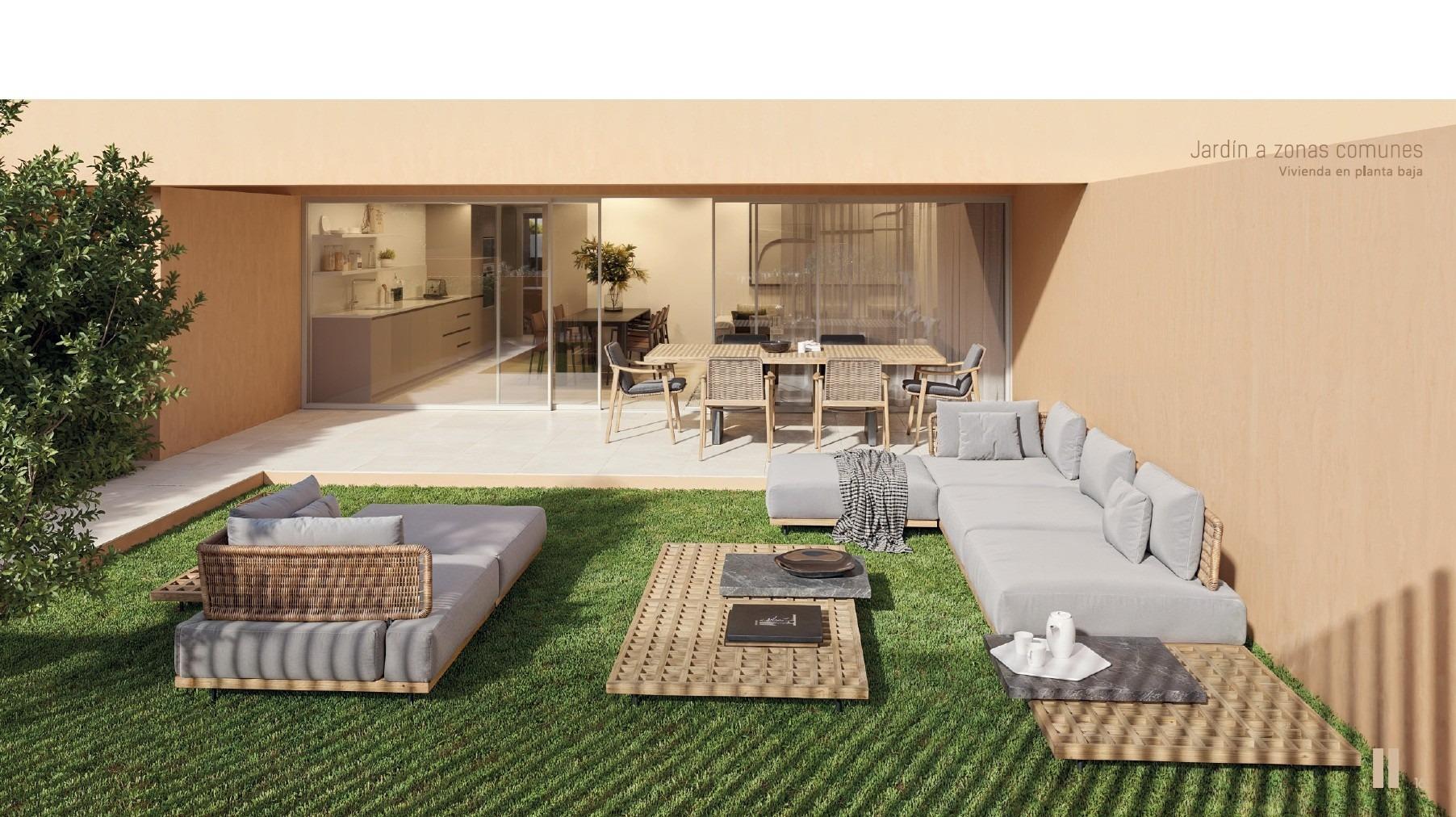 Spacious sun-drenched terrace with modern outdoor seating and dining area in new build residential apartments in Los Balcones, Torrevieja