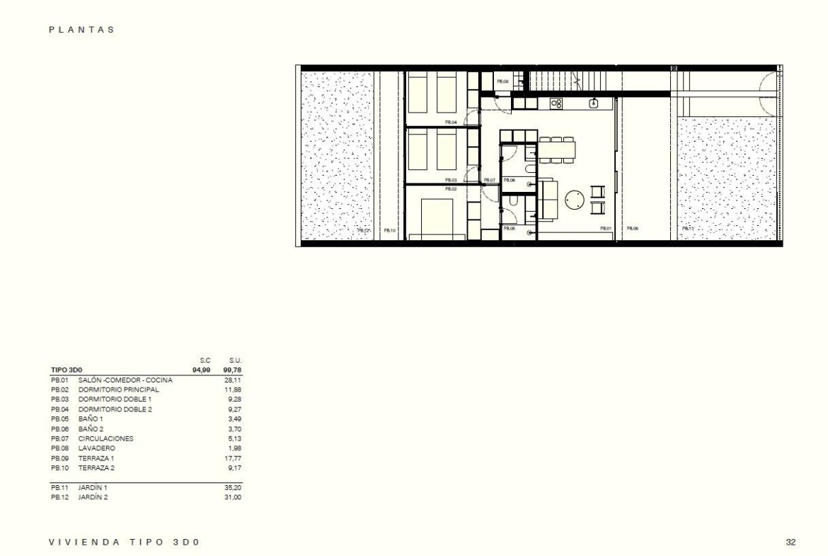 Detailed modern floor plan of spacious new build residential apartment with terraces and garden in Los Balcones, Torrevieja