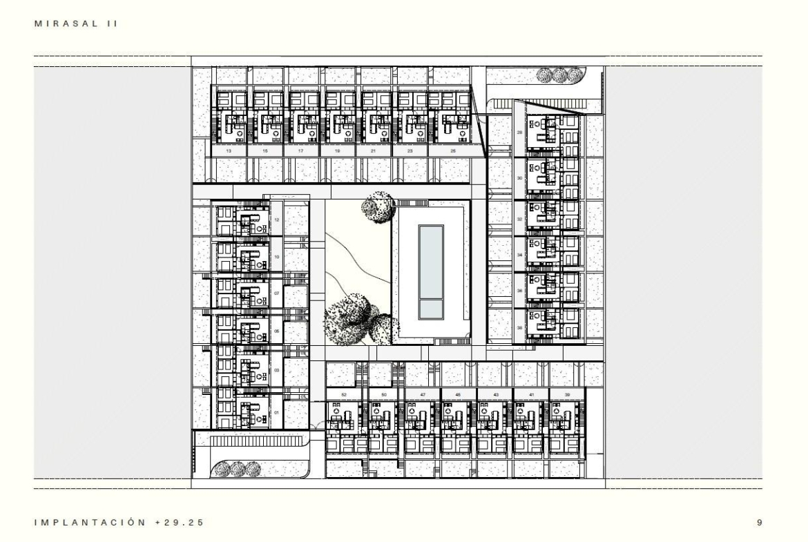Detailed modern floor plan of new build residential apartments with landscaped courtyard and central pool in Los Balcones, Torrevieja