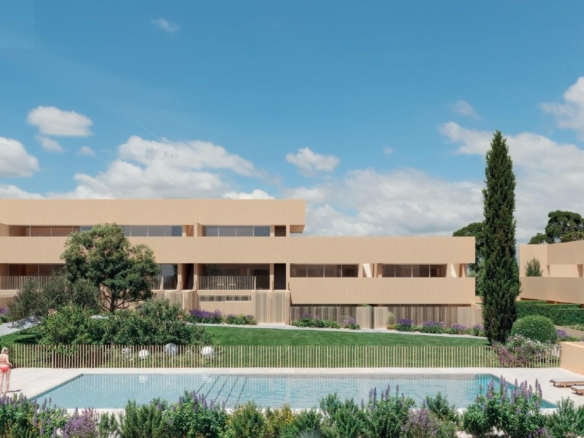 Modern new build residential apartments with spacious terraces and a landscaped pool area in sunlit Los Balcones, Torrevieja