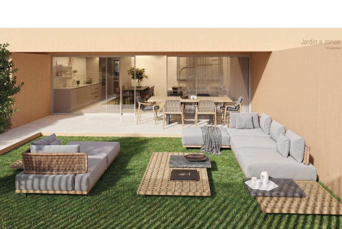 Sun-drenched private garden terrace with elegant outdoor seating at new build residential apartments in Los Balcones, Torrevieja