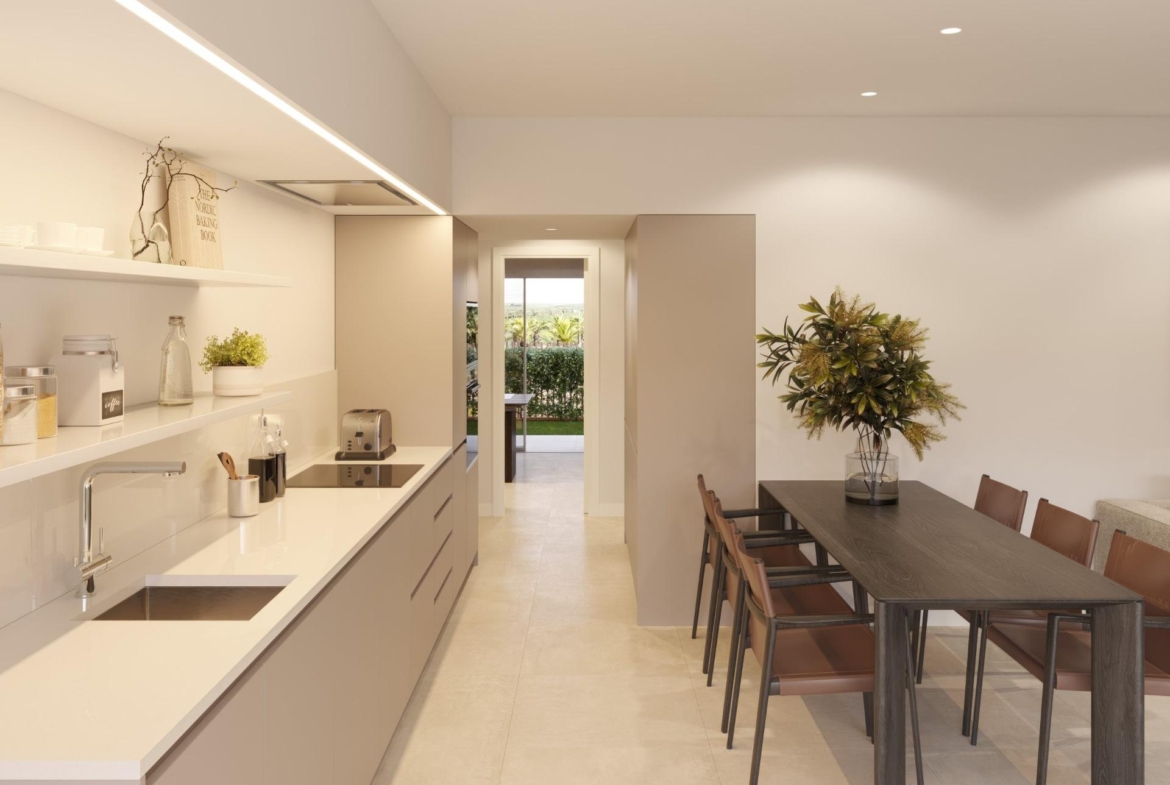 Bright modern kitchen and elegant dining area in new build residential apartments in Los Balcones, Torrevieja