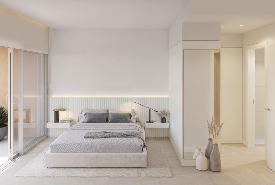 Bright, modern bedroom with floor-to-ceiling windows and elegant furnishings in new build residential apartments, Los Balcones, Torrevieja