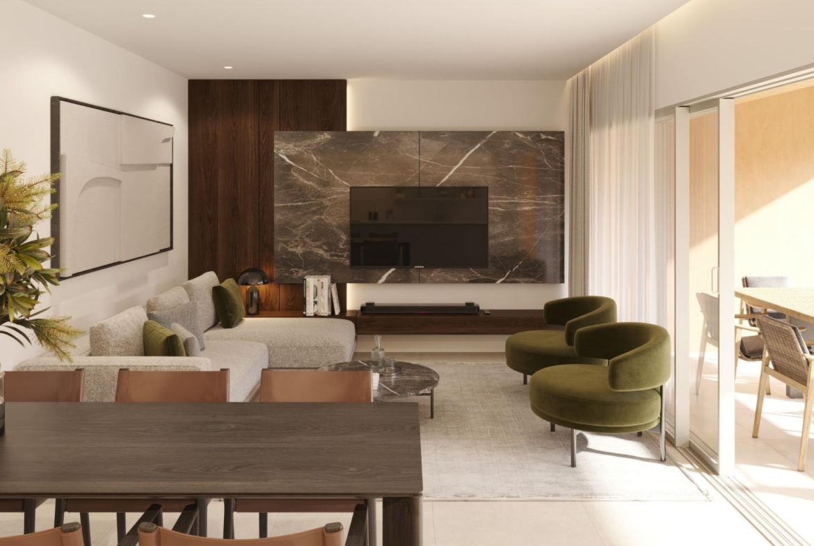 Bright, modern living room with elegant marble feature wall and open terrace in new build residential apartments, Los Balcones, Torrevieja