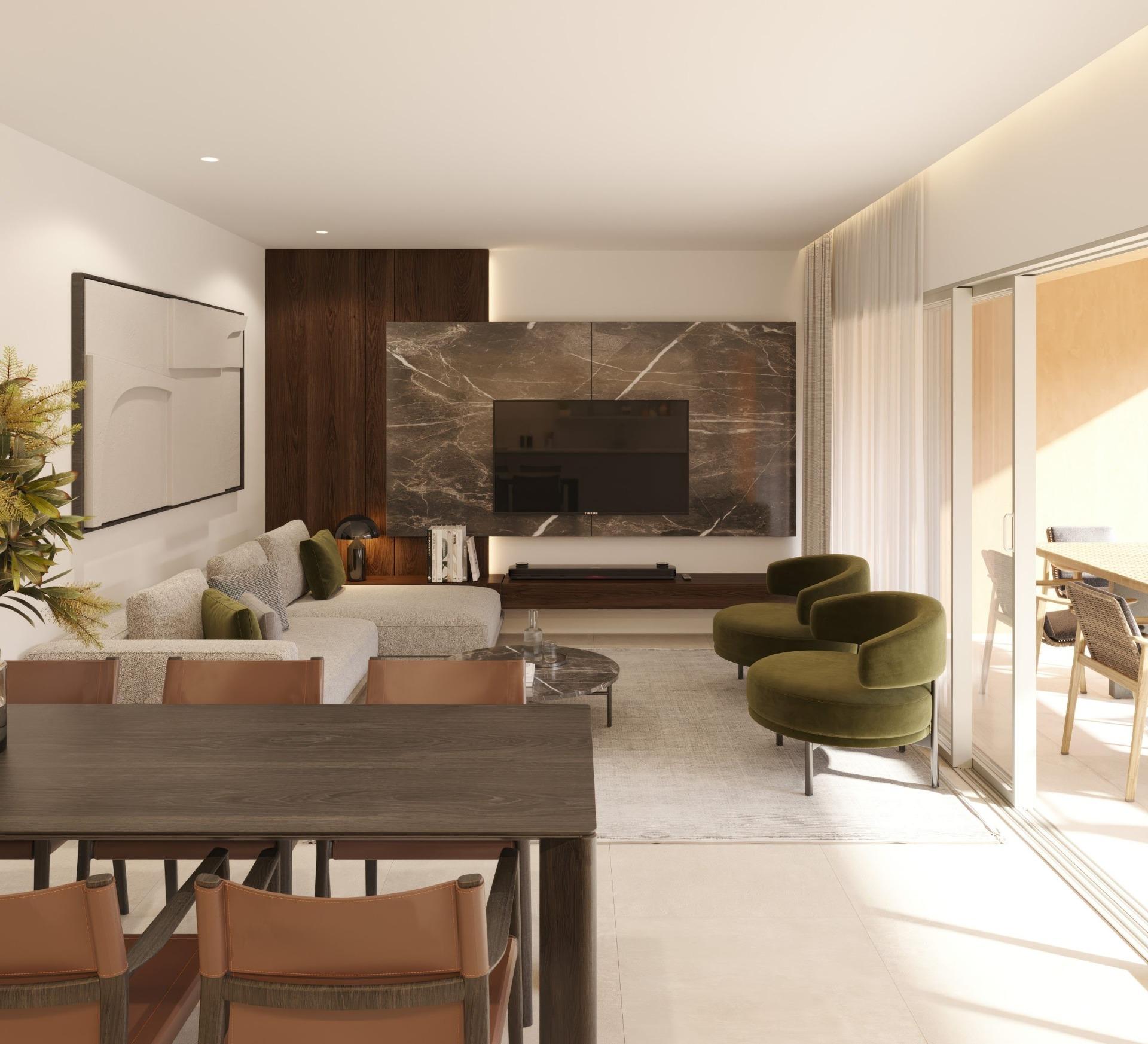 Bright, modern living room with elegant marble feature wall and open terrace in new build residential apartments, Los Balcones, Torrevieja