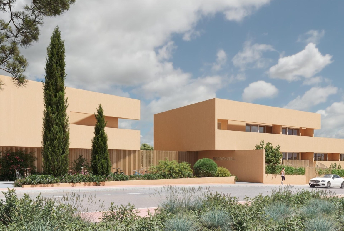 Modern sunlit new build residential apartments with landscaped greenery in tranquil Los Balcones, Torrevieja.