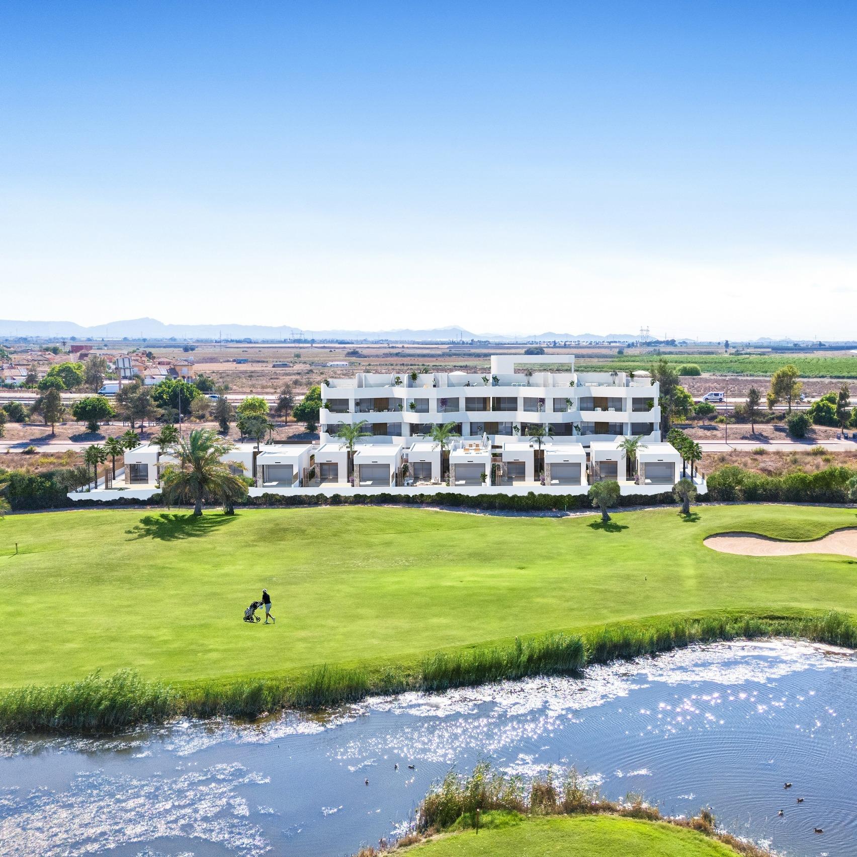 Modern new build 2-bedroom ground floor apartments with private gardens overlooking lush Serena Golf course in Los Alcazares.