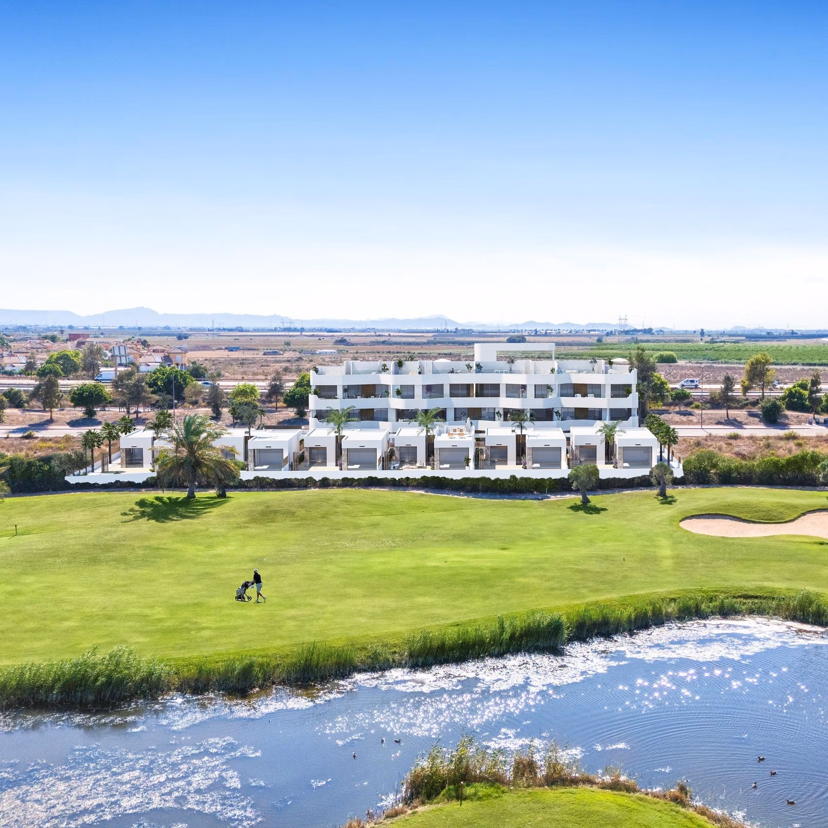 Modern new build 2-bedroom ground floor apartments with private gardens overlooking lush Serena Golf course in Los Alcazares.