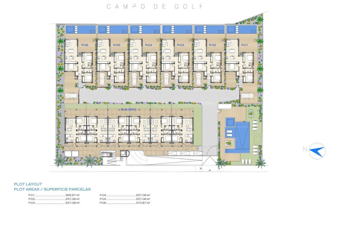Detailed ground floor plan showing modern 2-bedroom apartment layout with private gardens in Serena Golf, Los Alcazares.